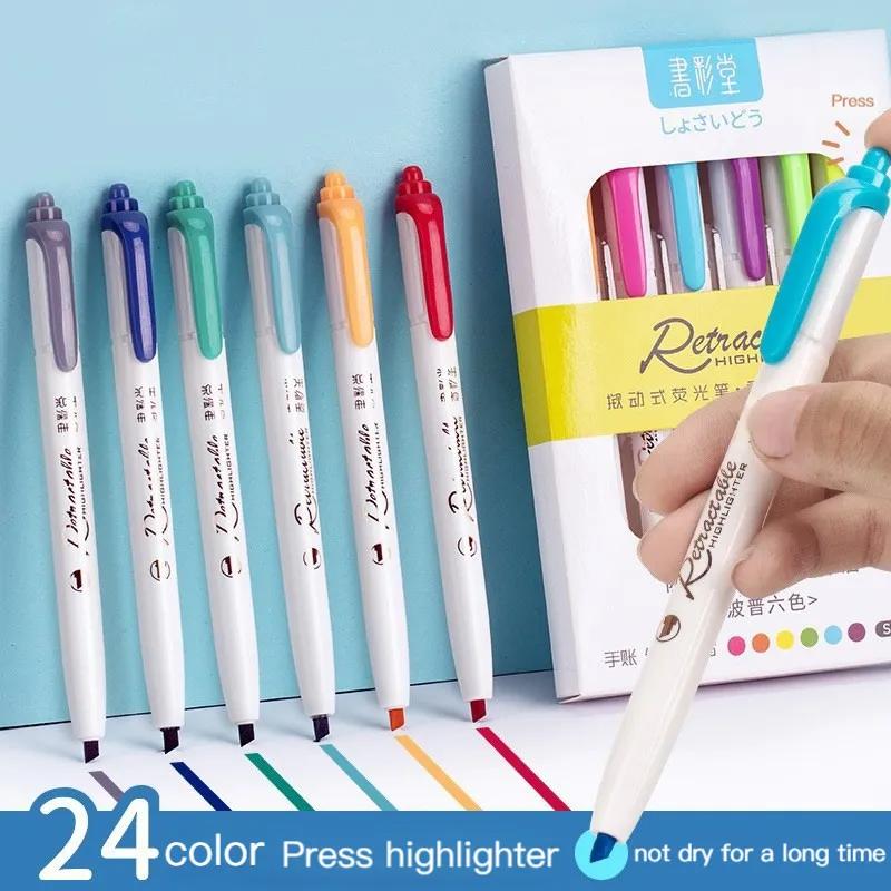 멀티 컬러 푸시 단추 하이라이터 펜, 귀여운 하이라이터 펜, 건조 방지 잉크, 학생 문구, 색칠하기 손 계정, 6 색